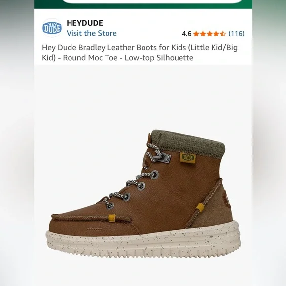 Hey Dude Bradley Leather Boots Round Moc Toe Elastic Laces Size 34//1 Big Kid - Picture 10 of 11